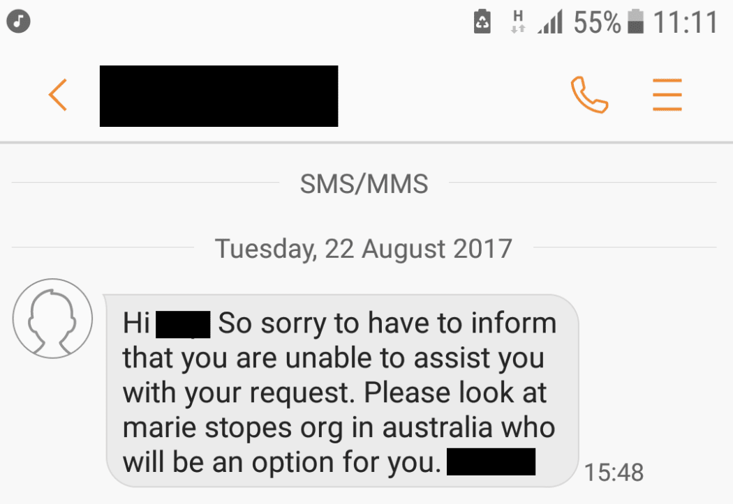 Kate was told by text message to seek a termination in Australia.