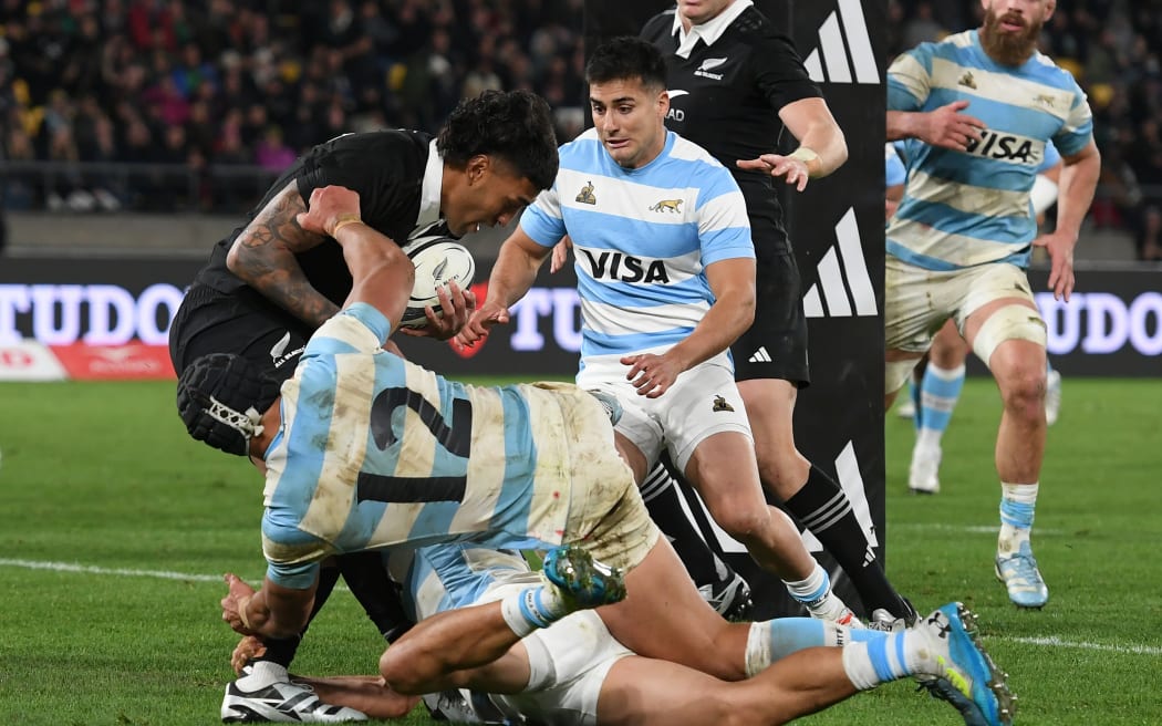 New Zealand’s Rieko Ioane is tackled behind the try line, Rugby Championship, New Zealand All Blacks v Argentina.