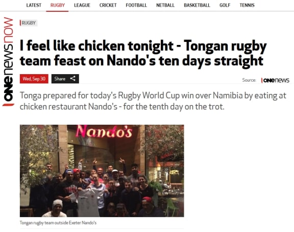 Screenshot of TVNZ reporting Tonga's team eating at Nando's ten days in a row