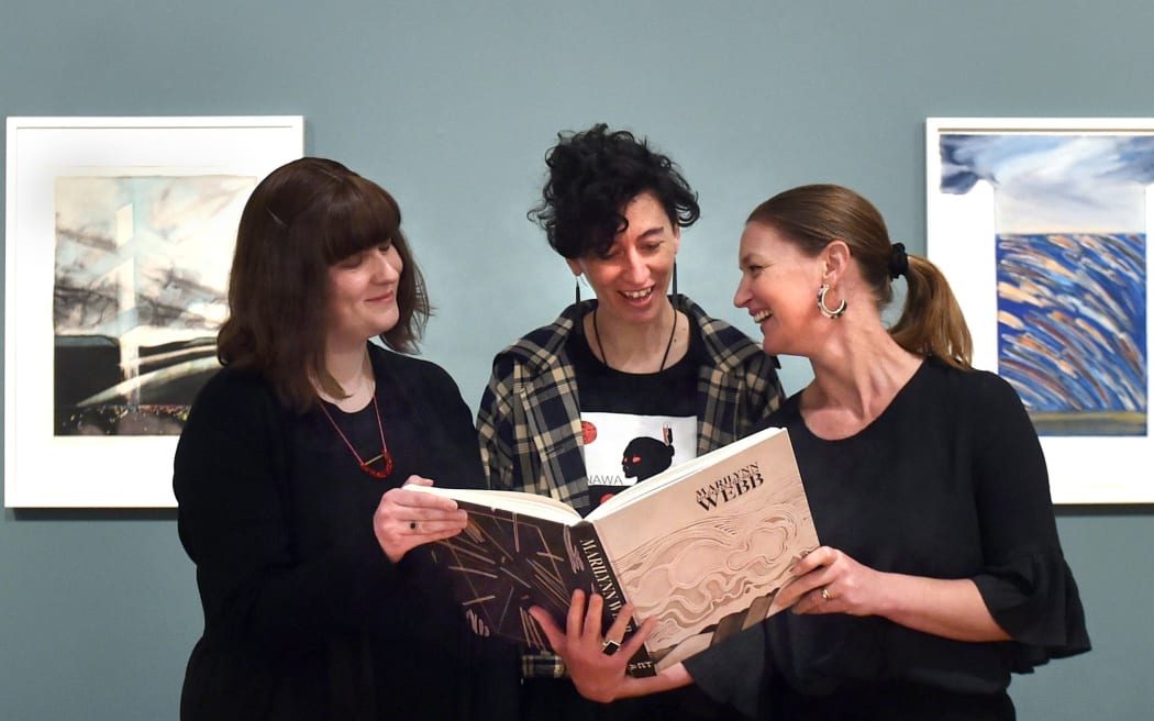 Cocurators Lauren Gutsell, Bridget Reweti and Lucy Hammonds at the Dunedin Art Gallery