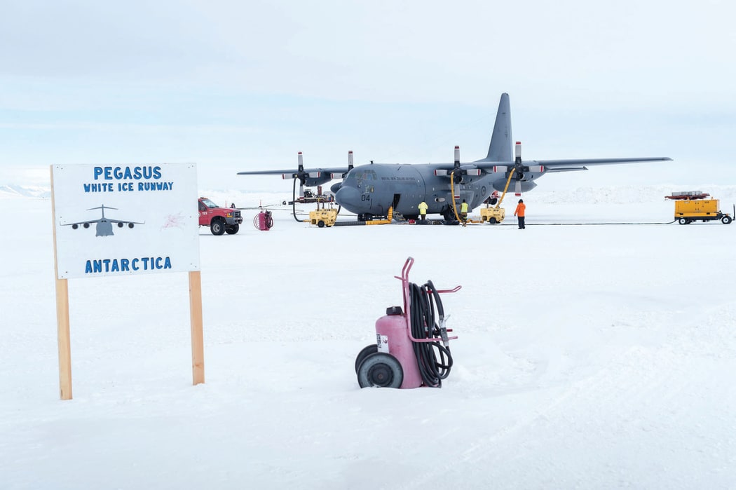 A Royal New Zealand Air Force plane landed at the Pegasus Airfield in Antarctica