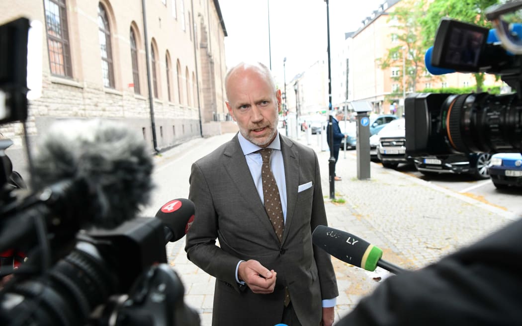 Henrik Olsson Lilja, the lawyer of US rapper Rakim Mayers, known by his stage name Asap Rocky, talks to the press after a hearing in his trial over a street brawl on July 5, 2019 in Stockholm.