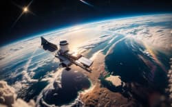a space shuttle is flying over the earth, space station over the horizon, view from space