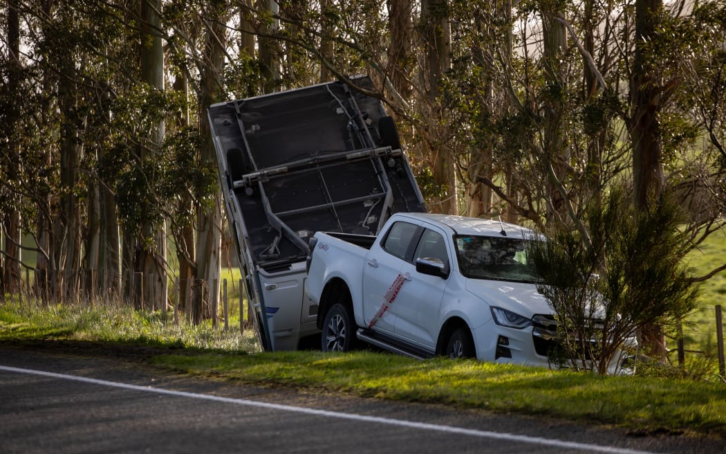 A campervan overturned Campervan in Eketahuna.