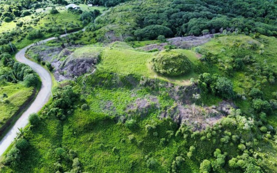 An aerial view of Ouballang terrace, the largest of a series of ancient man-made earthworks spread across Aimeliik state in Palau on Nov. 29, 2024.