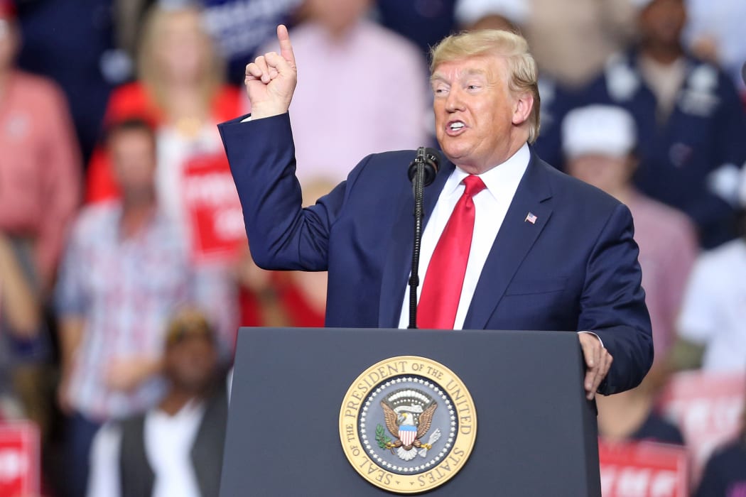 US President Donald Trump speaks during a "Keep America Great" rally at the Monroe Civic Center in Monroe, Louisiana.