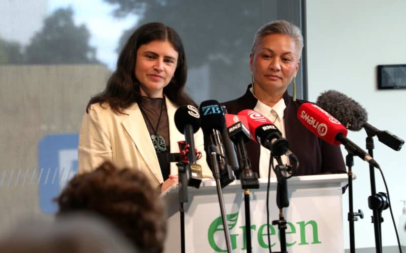 Green co-leaders Chlöe Swarbrick and Marama Davidson at the announcement.