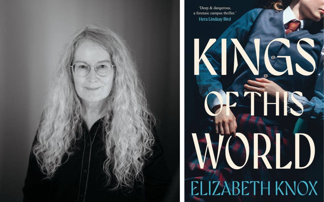 Author Elizabeth Knox photographed by Ebony Lamb, alongside her young adult novel 'Kings of This World'.