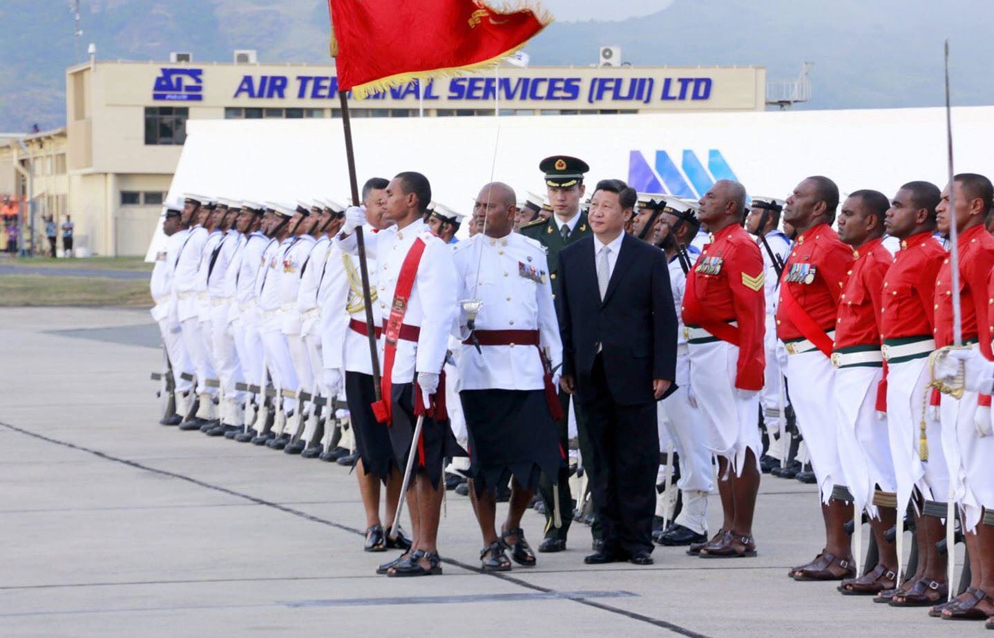 Chinese President Xi Jinping is welcomed to Fiji during his first visit to the Pacific island nation in November 2014.