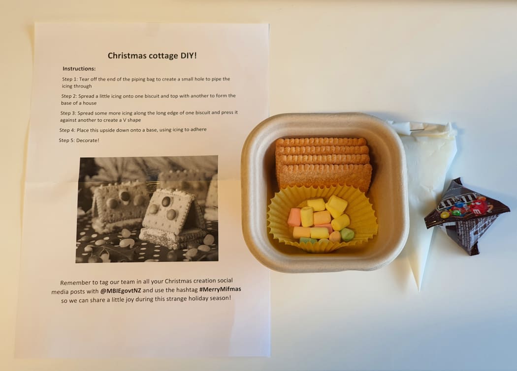 Guests at MIQ facilities were given a little kit to build their own mini-cottages for Christmas.