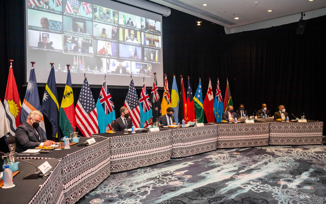 US Secretary of State Antony Blinken (centre L) attends a meeting with Fijian acting Prime Minister Aiyaz Sayed-Khaiyum (centre R) in Nadi, Fiji, on February 12, 2022.