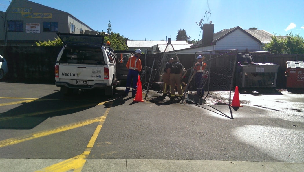 Scene at the Z service station after a bus backed into natural gas substation.