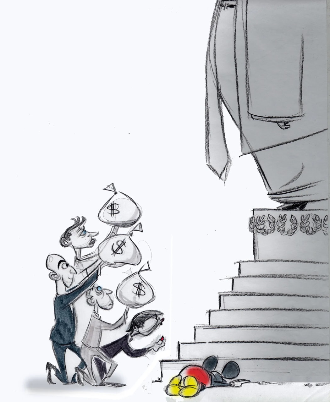 The cartoon depicts Amazon founder and Washington Post owner Jeff Bezos, as well as Facebook and Meta founder Mark Zuckerberg and other media and tech moguls, kneeling and holding up bags of money before a massive Trump.