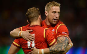 Hallam Amos and Dominic Day celebrate a Wales try RWC2015