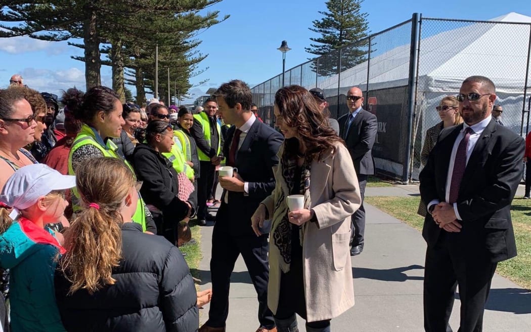 Prime Minister Jacinda Ardern and Clarke Gayford meet with the crowd. 
(Tuia 250 commemorations  in Gisborne)