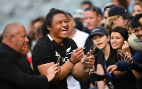 Caleb Clarke has a selfie with fans after the second Bledisloe Cup test Auckland 2020.