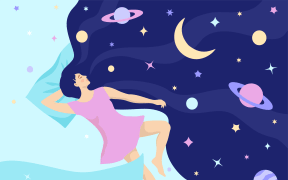 Girl with night dream universe. Woman universe in hair. Modern flat character. Woman character in dream