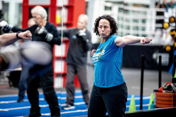 Neuro and rehab specialised personal trainer Lisa Gombinsky Roach is leading a Counterpunch class at the Shane Cameron Boxing gym on Auckland's North Shore.