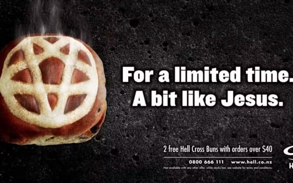A Hell Pizza advert saying its hot cross buns are, 'For a limited time. A bit like Jesus.'