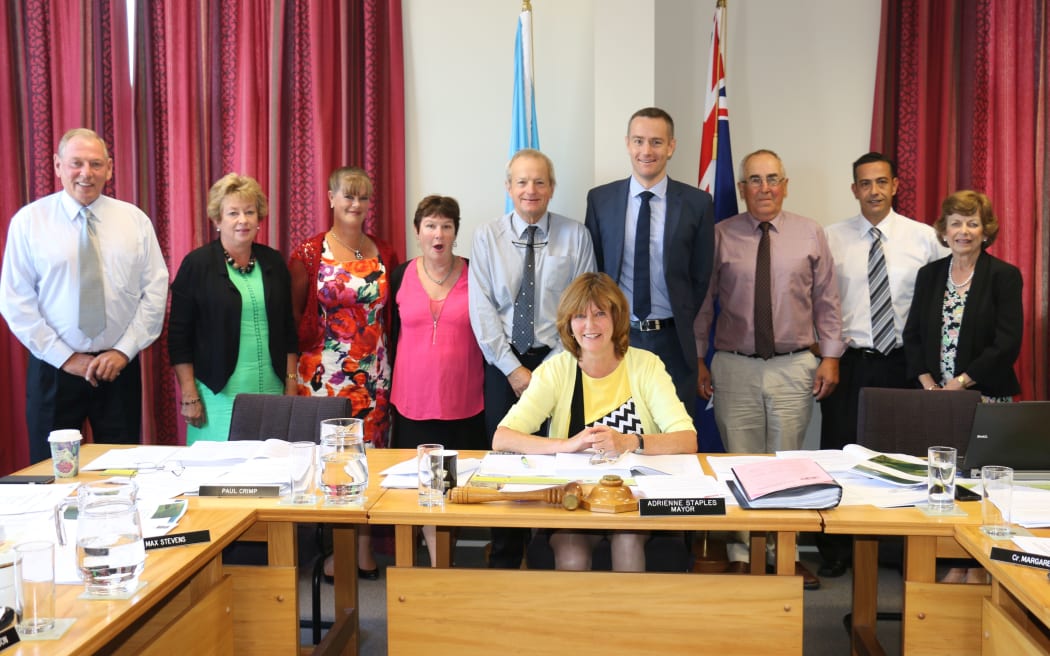 The South Wairarapa District Council. Colin Olds (left), Julie Riddell, Solitaire Robertson, deputy mayor Viv Napier, Max Stevens, mayor Adrienne Stapes, David Montgomerie, Brian Jephson, Dean Davies and Margaret Craig.