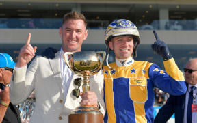Swayzee, driven by Cameron Hart, Trained by Jason Grimson, has won the New Zealand Trotting Cup.