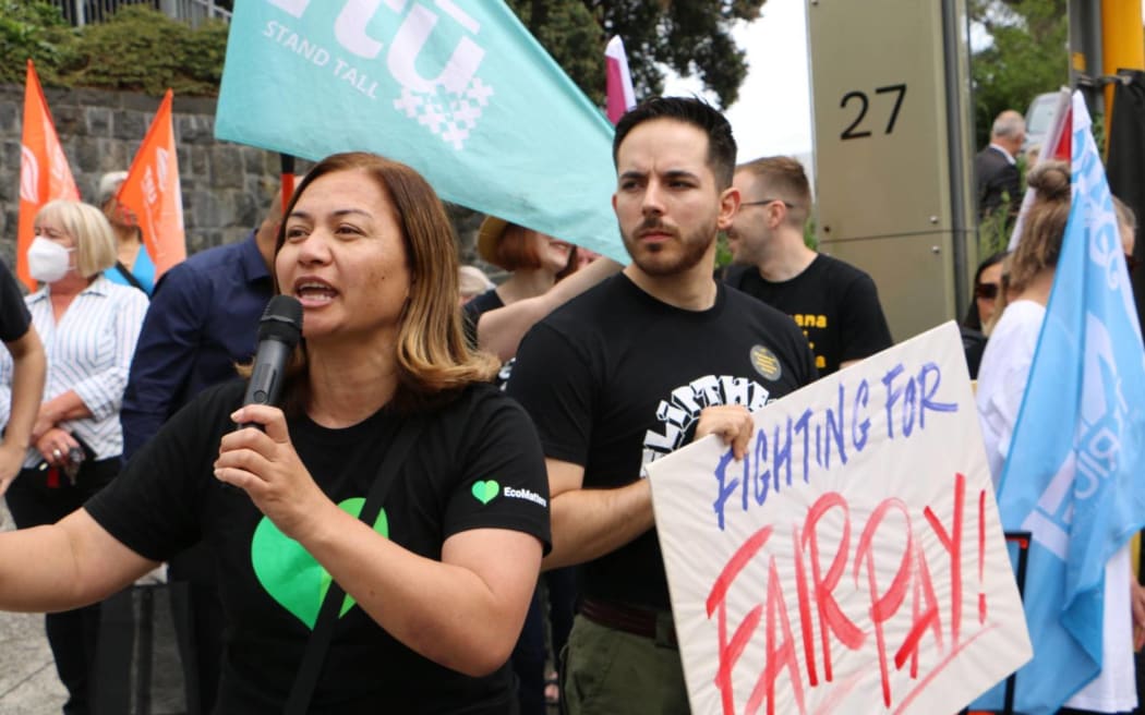 Green Party MPs Marama Davidson and Ricardo Menéndez March protest against changes to Fair Pay Agreements in Auckland, 11 December 2023.