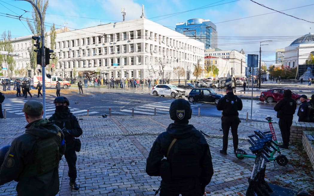 A view of the scene after several explosions rocked the Shevchenkivskyi district of the Ukrainian capital, Kyiv on 10 October  2022.