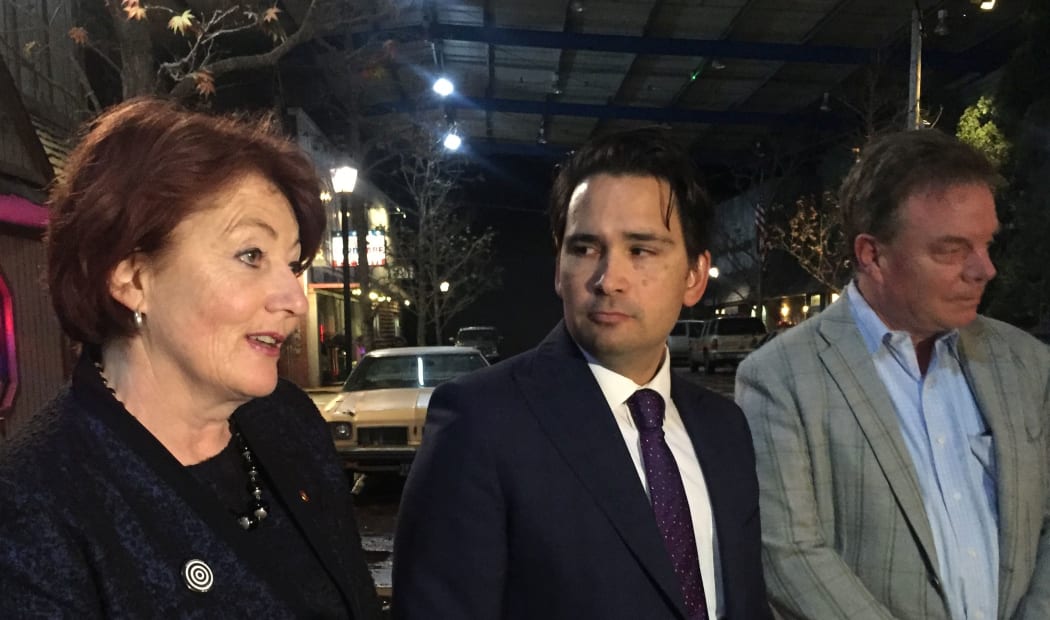 Ministers Maggie Barry, Simon Bridges and film producer Rob Tapert at the pre-budget announcement.