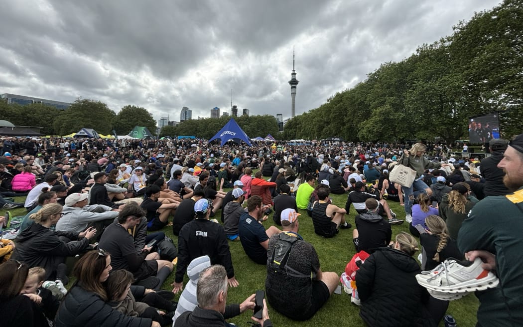 Fans gather at Victoria Park in central Auckland to watch the 2023 Rugby World Cup final between South Africa and New Zealand at Stade de France.