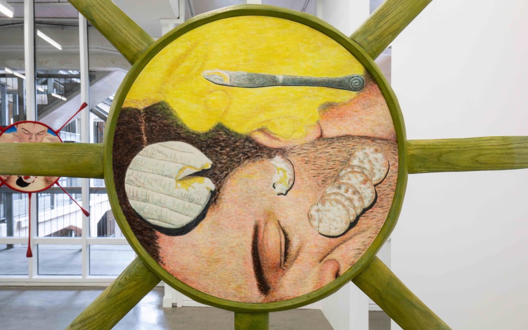Owen Connors, Greetings, you who are highly favoured! (detail), 2021, egg tempera on board, hand carved lacquered ash frame