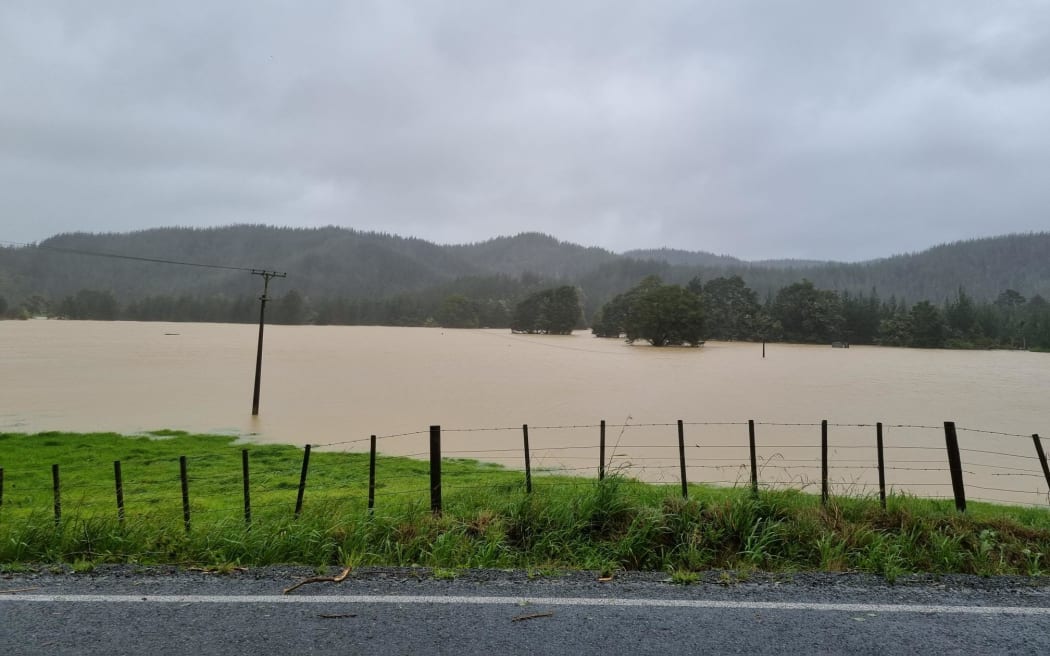 Flooded roads in Kaipara District, Northland.