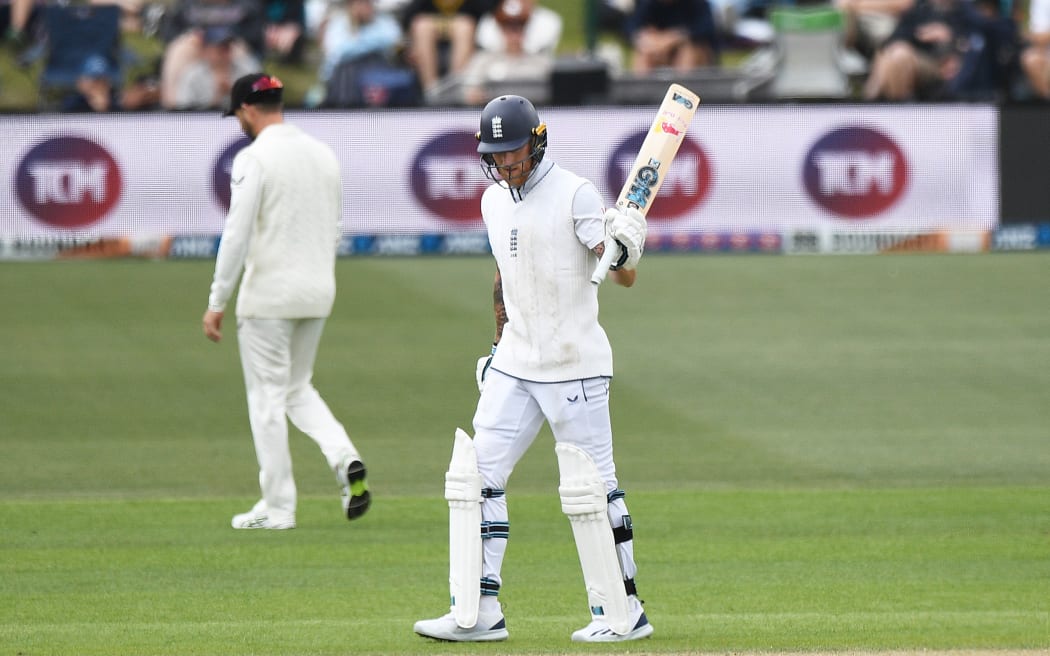 England player Ben Stokes scores fifty runs on the third day of the first cricket test between New Zealand and England.