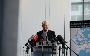 Auckland mayor Phil Goff at the announcement of the route chose for light rail from the city to Auckland Airport.