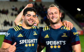 Billy Harmon of the Highlanders and Hugh Renton of the Highlanders celebrates winning the Super Rugby Aotearoa rugby match, Crusaders V Highlanders, at Orangetheory Stadium, Christchurch, New Zealand, 2nd April 2021.