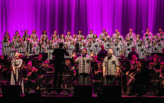 Signature Choir and the NZSO on stage at Spark Arena, Auckland.