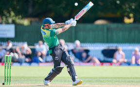 Doug Bracewell swings a shot away for Central Stags in their Super Smash men's Twenty20 win over Northern Brave.
