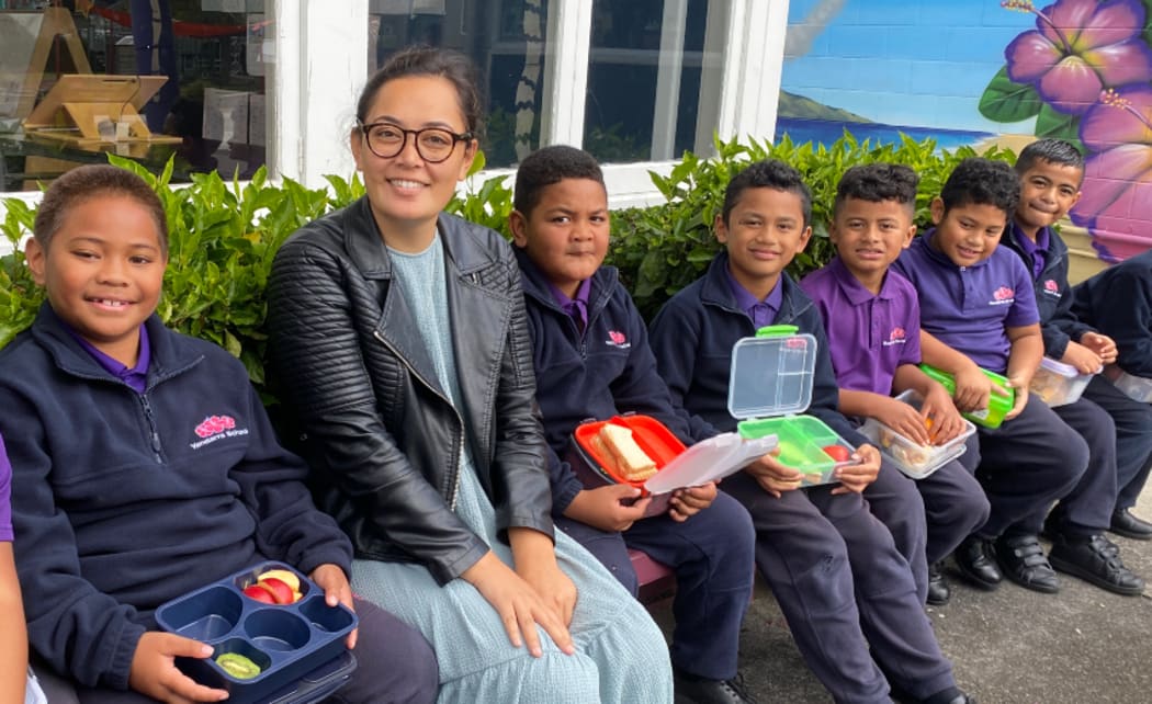 Yendarra School students at lunch with their teacher Tamryn Takai.