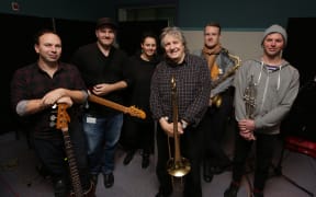 The Rodger Fox Band: (L-R) Rory Macartney, Nick Granville, Lauren Ellis, Rodger Fox, Oscar Laven, Ben Hunt