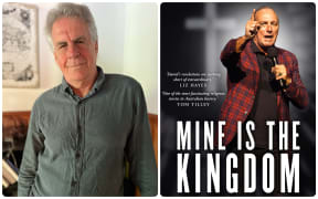 Author David Hardaker next to an image of the cover of his book "Mine is the Kingdom:
The rise and fall of Brian Houston and the Hillsong Church".