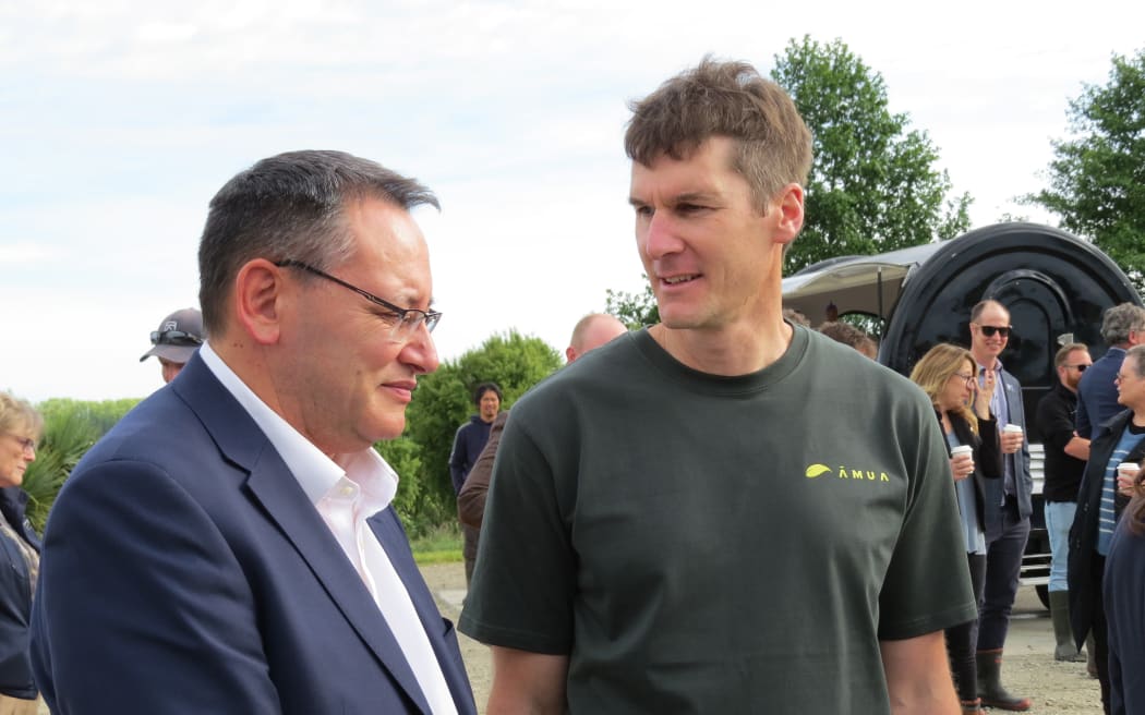 Science Innovation and Technology Minister Dr Shane Reti with Āmua chief executive and co-founder Roger Johnson in North Canterbury on Tuesday 11 November.