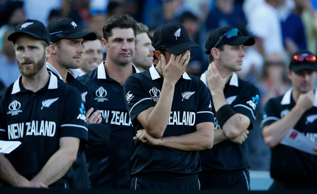New Zealand cricketers after their loss to England in World Cup final.