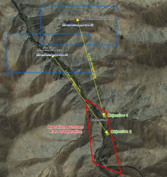 The NZDF issued this graphic of what it calls the alleged versus the actual operation area.