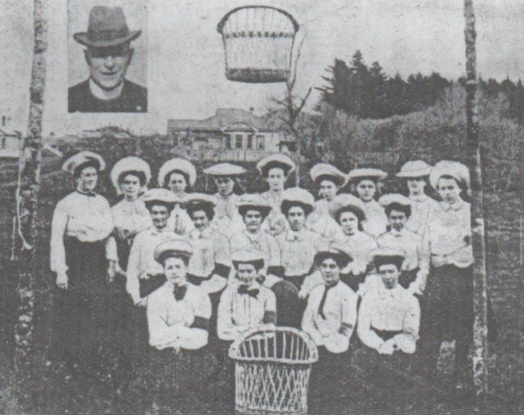 The St Luke’s Presbyterian Bible Class A & B basketball teams 1906. They played a demonstration game in a paddock in Mt Eden, Auckland. It's likely this was a nine-aside game. Reverend J. C. Jamieson's photo is inset.