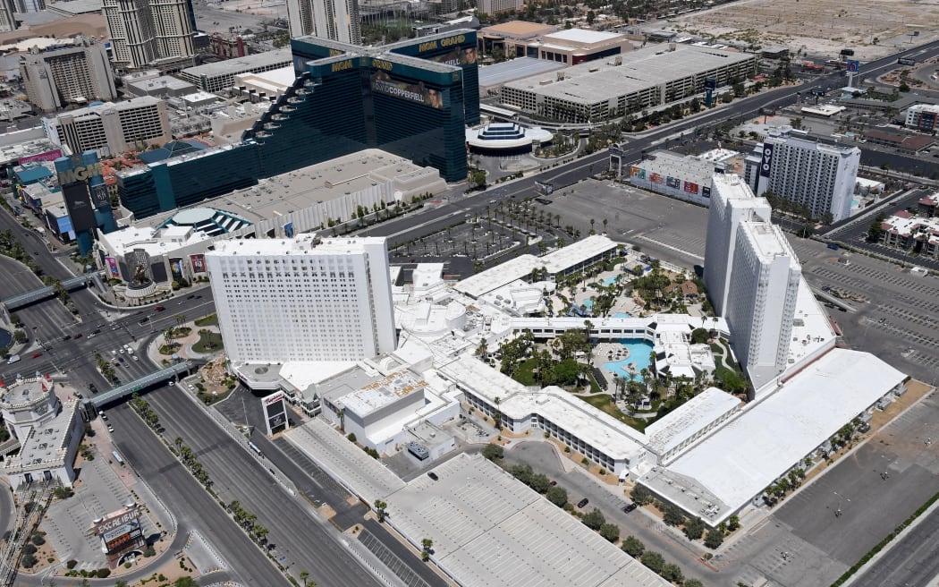 An aerial view shows MGM Grand Hotel & Casino and the Tropicana Las Vegas