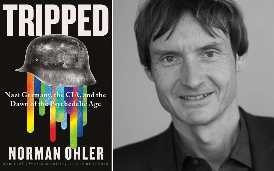 Author Norman Ohler alongside the cover of his book Tripped.