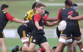 Chiefs under 20 halfback Ben Strang clears the ball during the Super Rugby Aotearoa Under 20 Competition match between Chiefs Rugby Club Under 20's and Hurricanes Rugby Club Under 20's at Owen Delany Park on 11 April 2021 in Taupō.