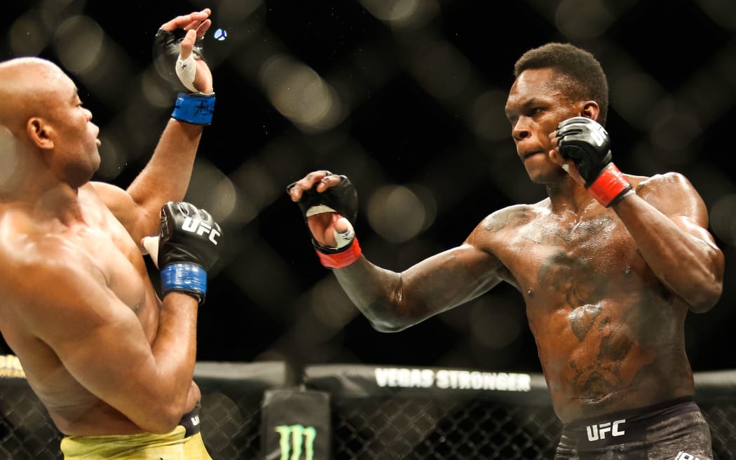 Israel Adesanya in black shorts in action during UFC 234 at Rod Laver Arena Melbourne Australia.