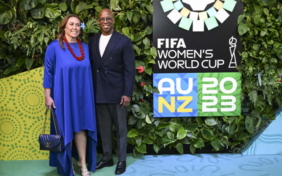 Former England player Ian Wright and FIFA Chief Women's Football Officer Sarai Bareman at the draw for the Australia and New Zealand 2023 FIFA Women's World Cup in Auckland.