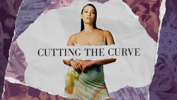 Framed by a purple fabric design is a plus-size model in a green dress. In front of her, in black-on-white text, reads: "CUTTING THE CURVE."