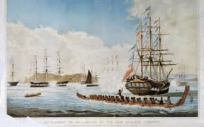 Clayton, Matthew Thomas, 1831-1922 :Settlement of Wellington by the New Zealand Company. Historical gathering of pioneer ships in Port Nicholson, March 8, 1840, as described by E J Wakefield.